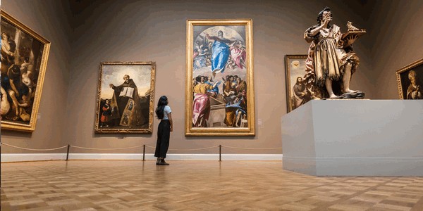 một cô gái đứng ngắm tranh trong bảo tàng Chicago